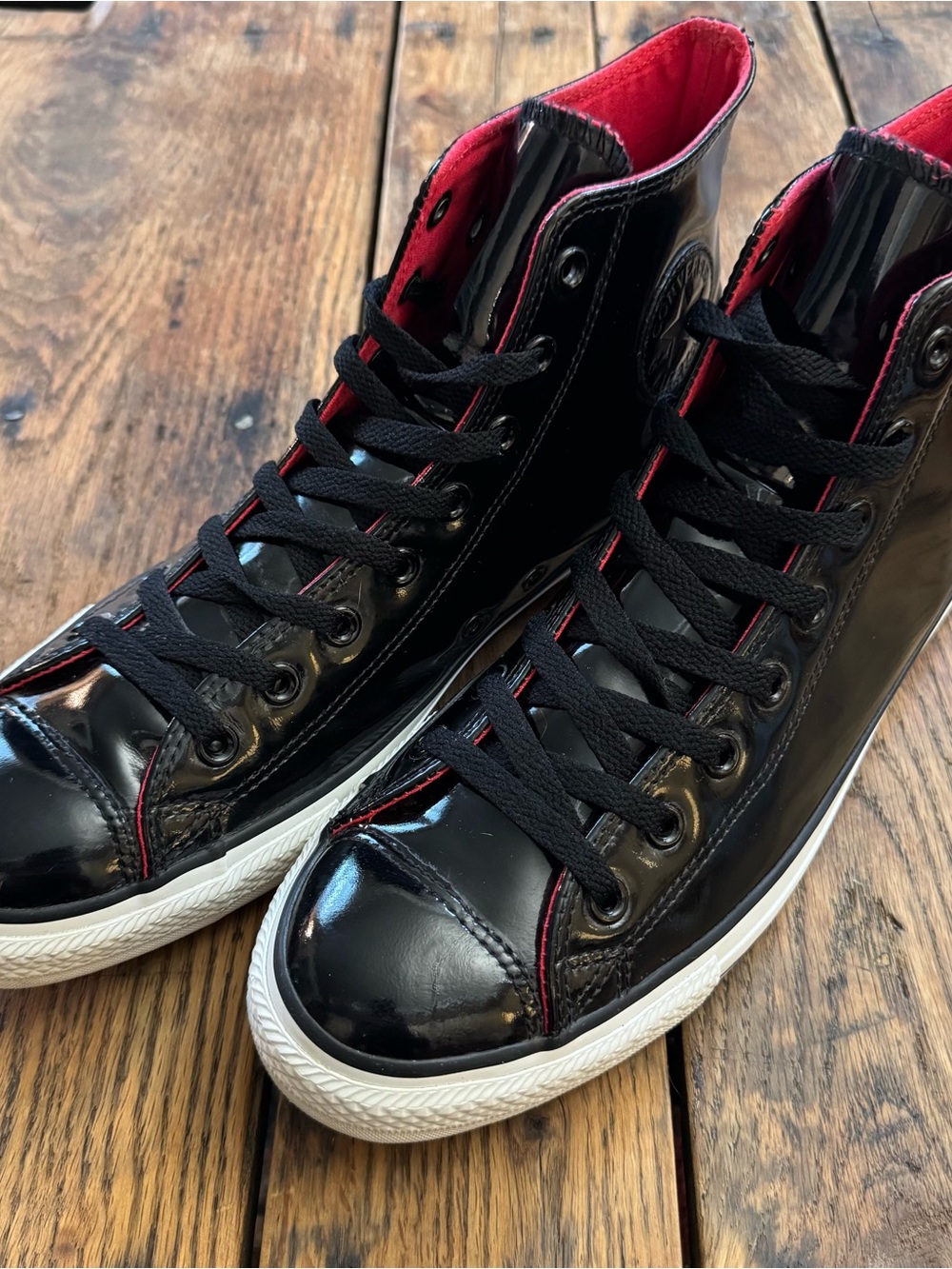 Converse Black Patent High-Top Sneakers with White Sole Red Inside - Picture 3 of 9